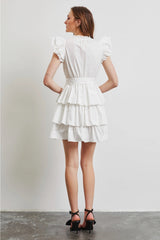 CEREMONY Tiered Ruffle Skirt FlutterSleeve Poplin Dress