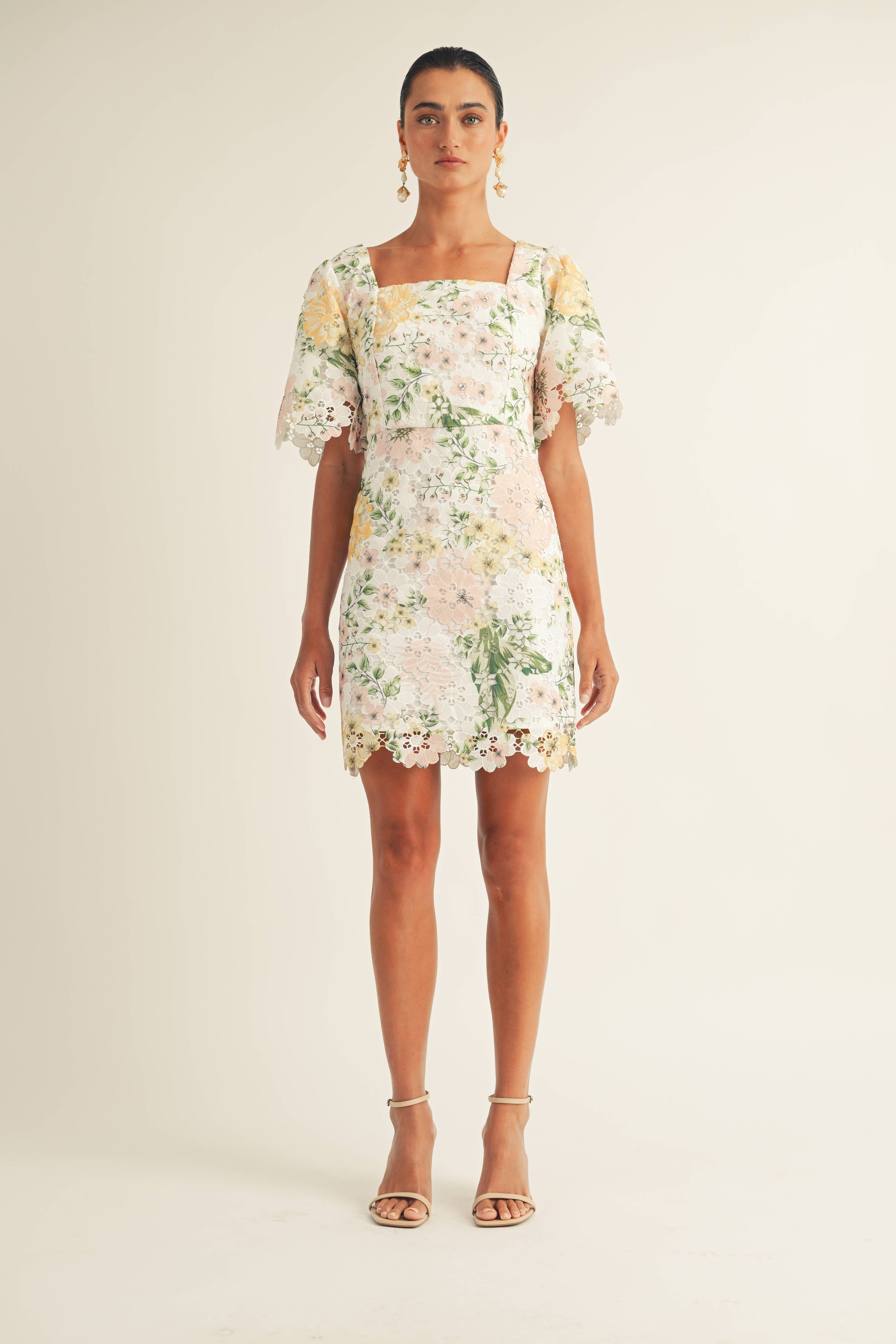arose studio sleeveless v-neck floral midi dress AROSE STUDIO Floral DEANNA Lace Square Neck Dress – Silver Accents