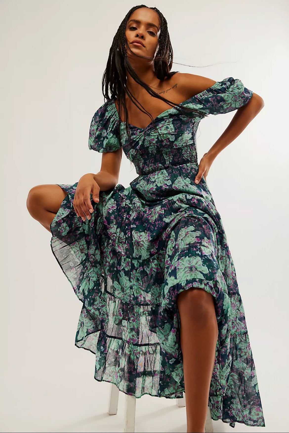 FREE PEOPLE Floral SUNDRENCHED Short Sleeve Maxi Dress Silver Accents FREE PEOPLE Floral SUNDRENCHED Short Sleeve Maxi Dress Silver Accents