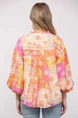 BISCAYNE Patchwork Print Floral ButtonDown Top