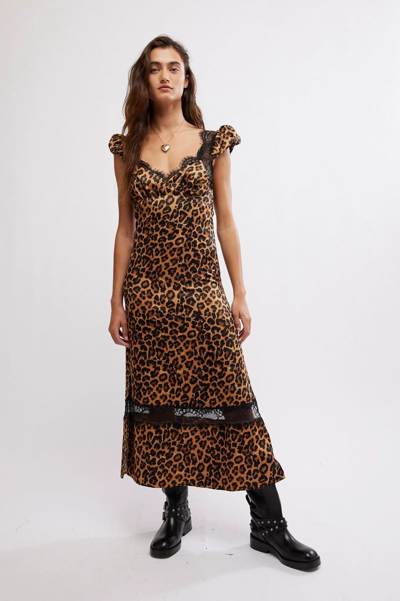 knee length dresses for ladies FREE PEOPLE Leopard FOOLISH HEART Printed Midi Dress – Silver Accents