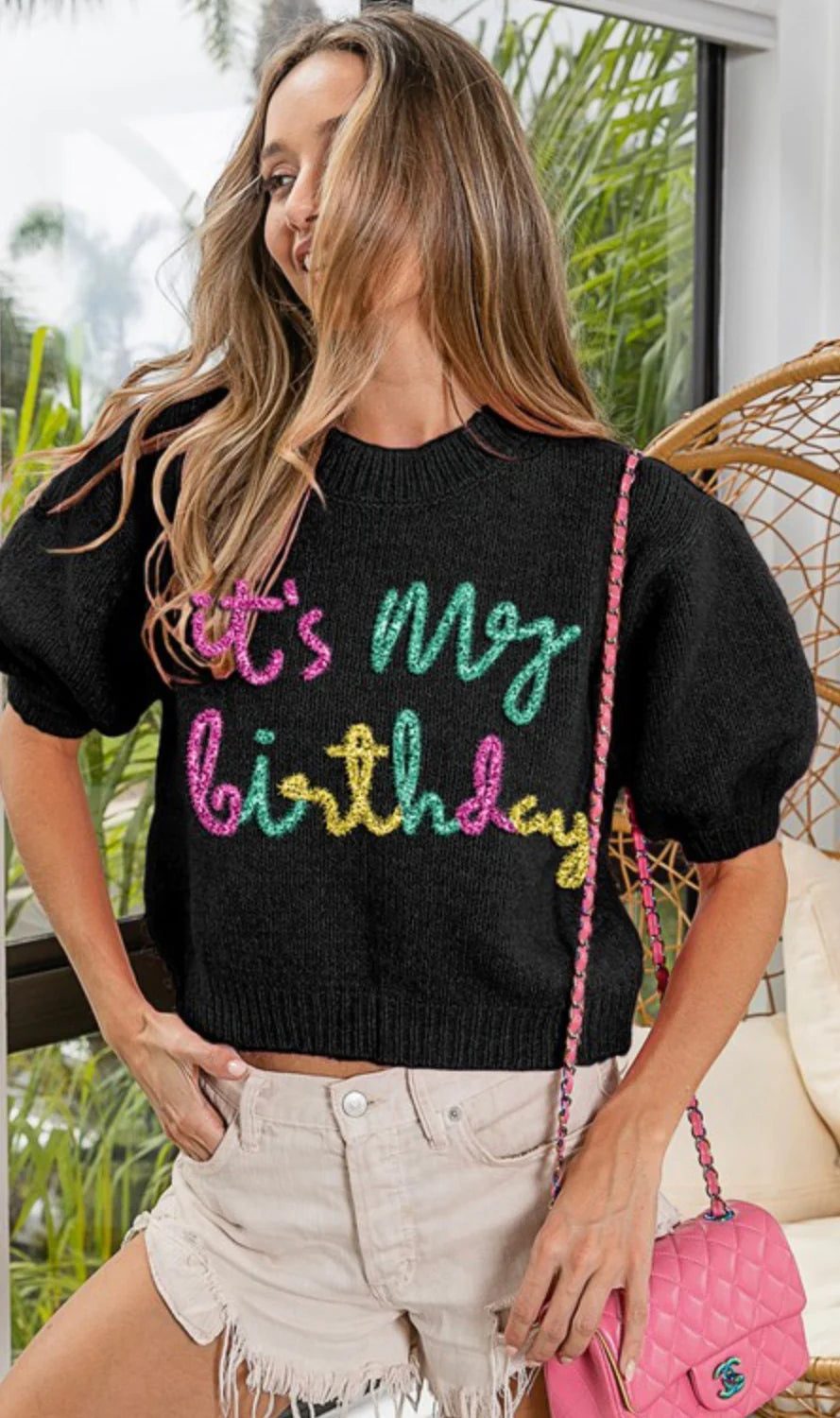 BIBI MY BIRTHDAY Tinsel Short Puff~Sleeve Sweater – Silver Accents