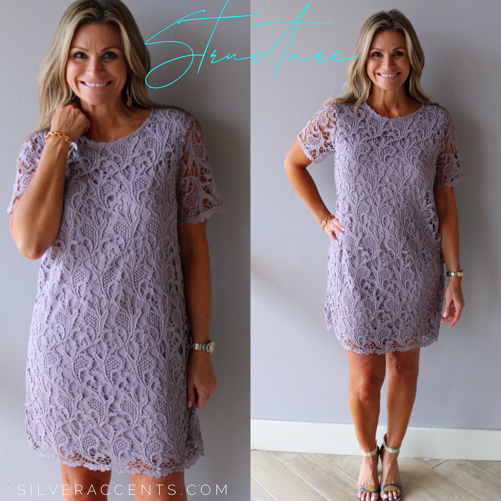 STRUCTURE Crochet Lace Short Sleeve Shift Dress – Silver Accents