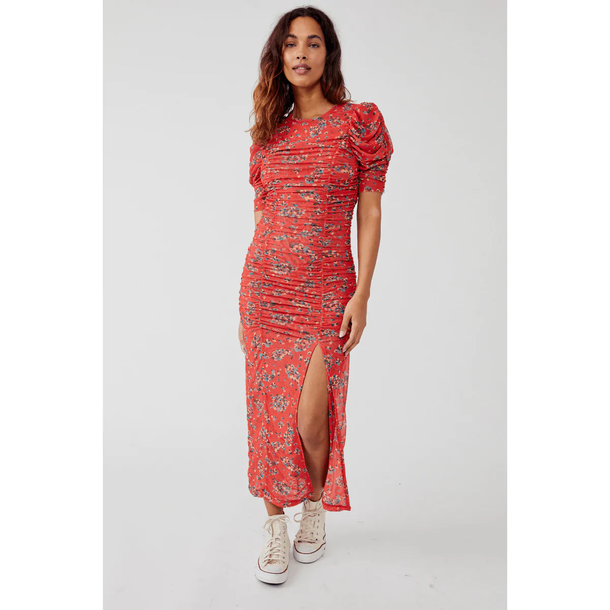 Free People BRIELLA Floral Rouched Mesh Midi Dress Silver Accents Free People BRIELLA Floral Rouched Mesh Midi Dress Silver Accents