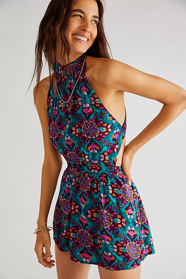 FREE PEOPLE Floral CORAL TIDES Romper Silver Accents FREE PEOPLE Floral CORAL TIDES Romper Silver Accents
