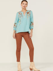 JOHNNY WAS Linen ACACIA Embroidered Peasant Blouse Top