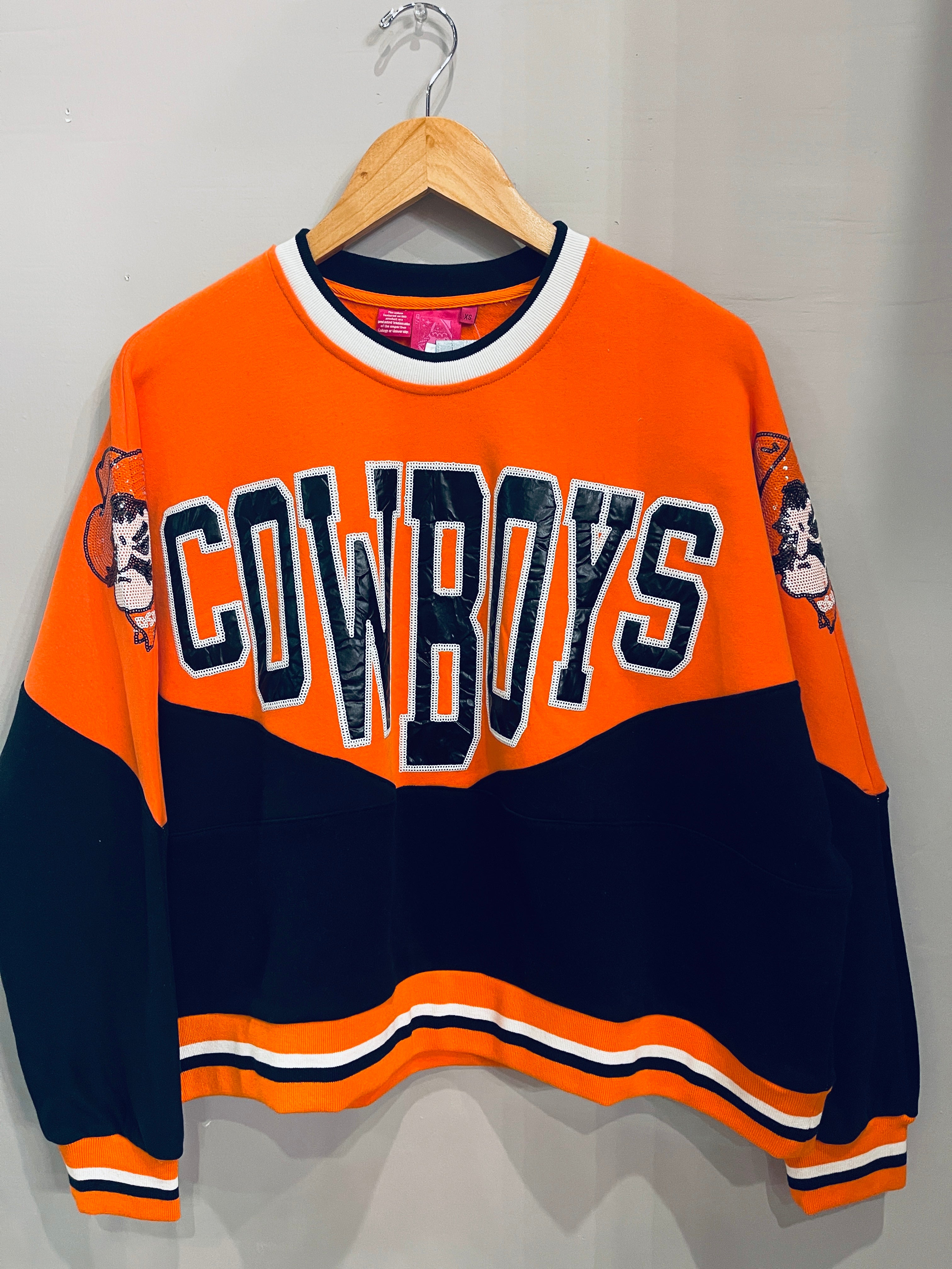 QUEEN OF SPARKLES TwoTone COWBOYS Hologram Sweatshirt OSU Oklahoma State