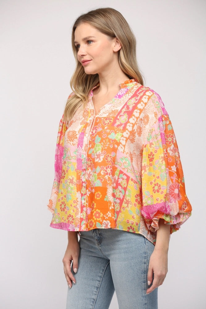 BISCAYNE Patchwork Print Floral ButtonDown Top