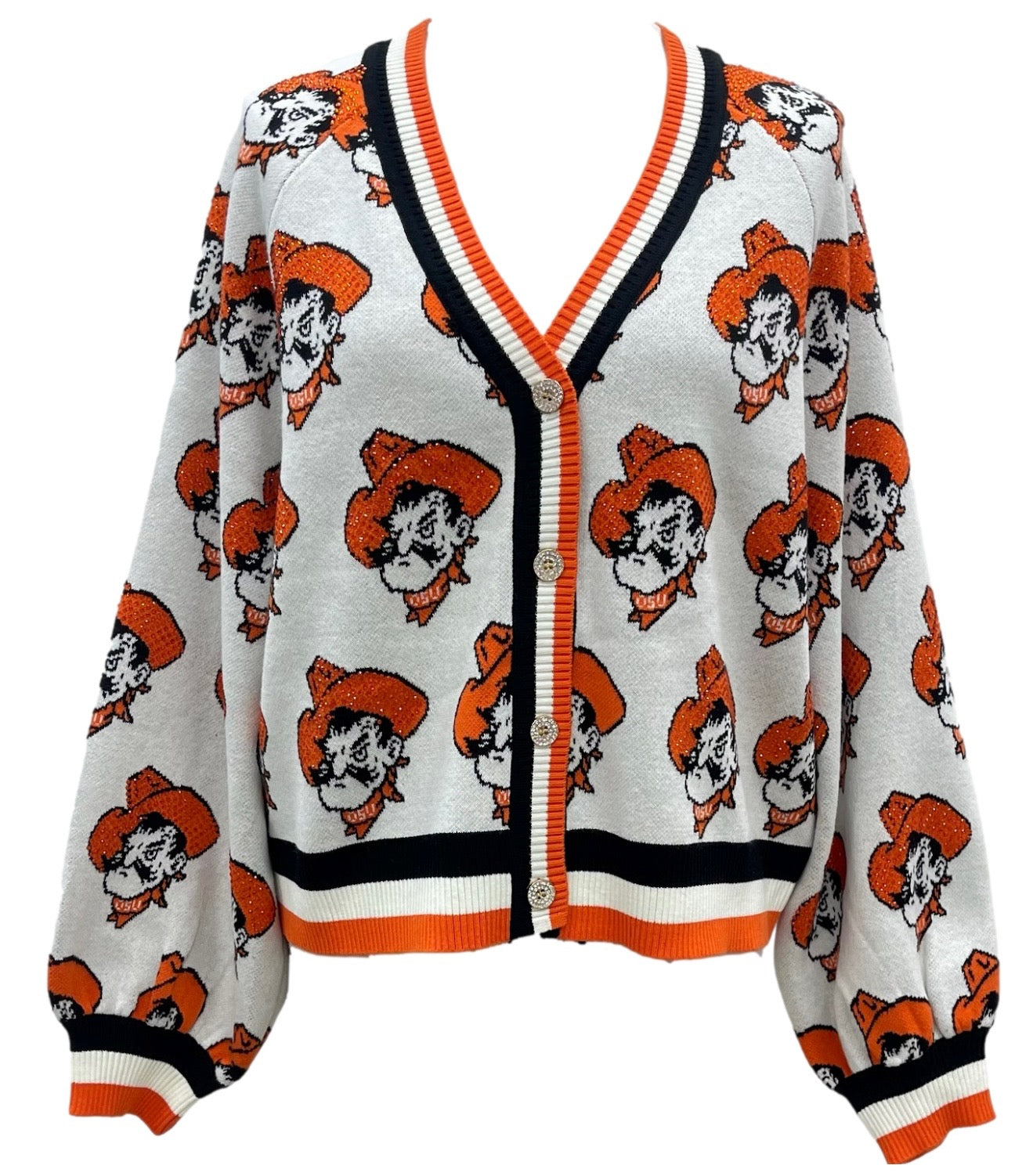 QUEEN OF SPARKLES Licensed Knit OK STATE MASCOT Rhinestone Cardigan