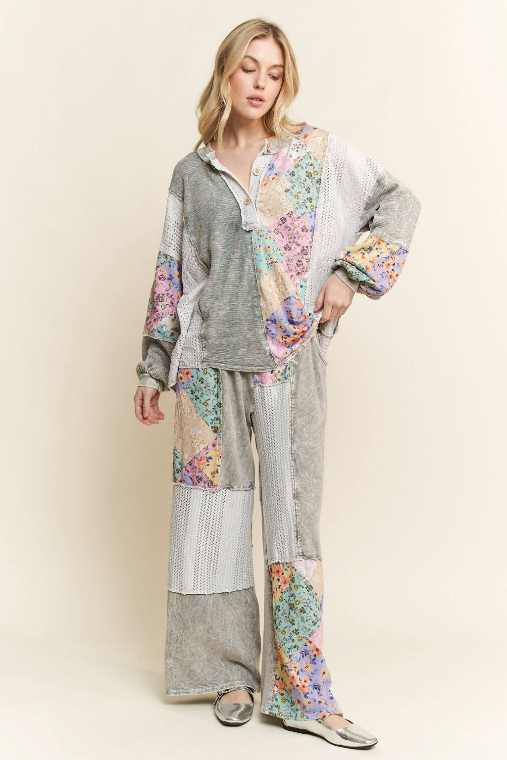 MERE Mineral Washed Floral WaveKnit Jacquard Patchwork Pants