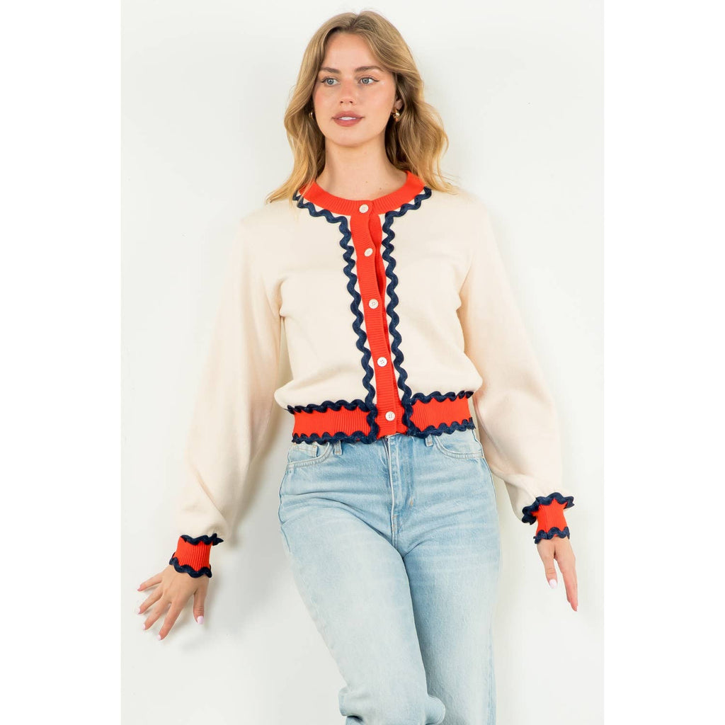 SHAI Ricrac Trim ButtonUp Knit Cardigan Top