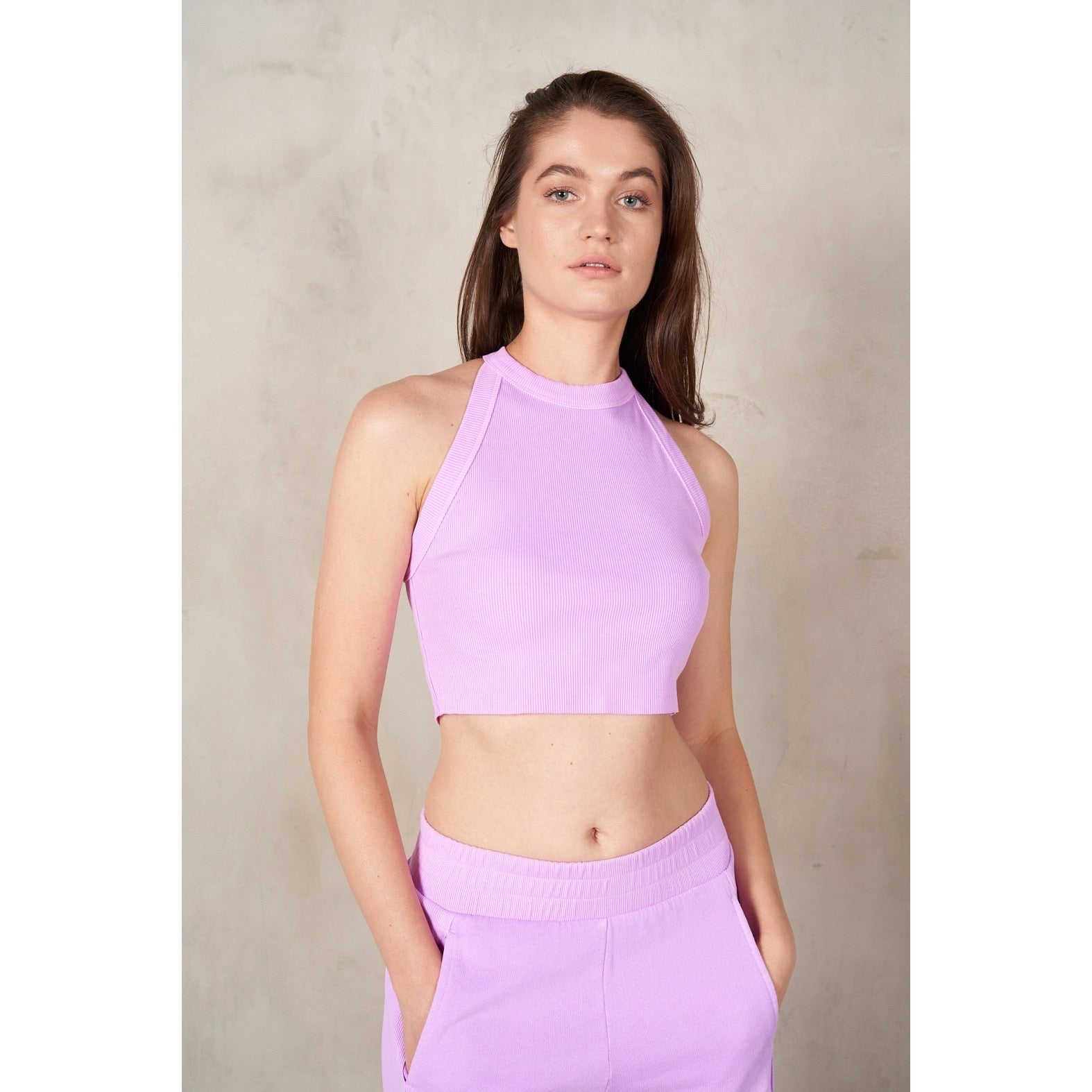 RISEN 2Piece HalterNeck RibMix WideLeg Pant Set