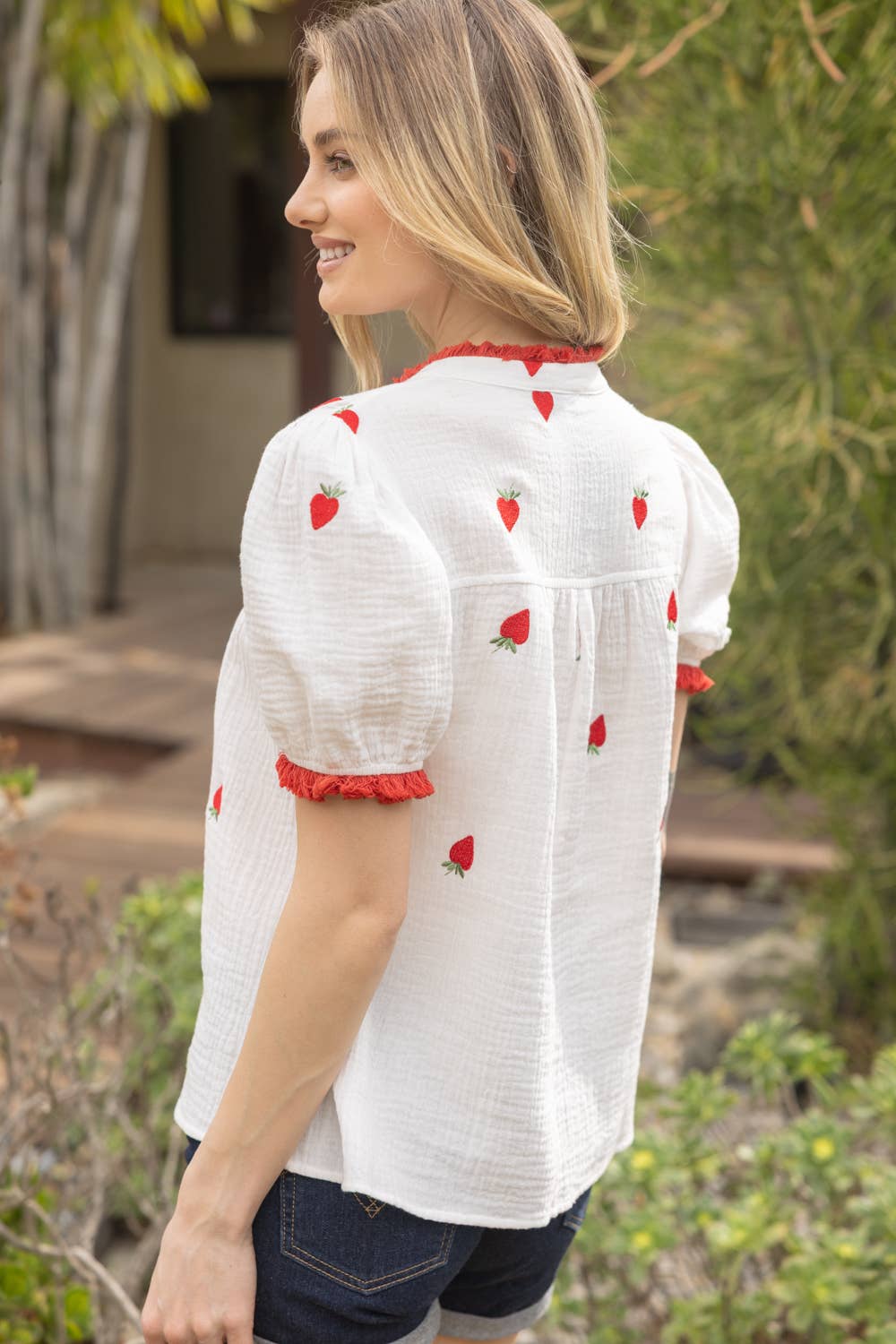 NORA Strawberry Embroidery Gauze Top