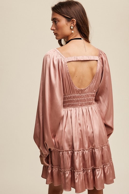*FEELS Satin Sweat Heart Neck Long Sleeve Dress