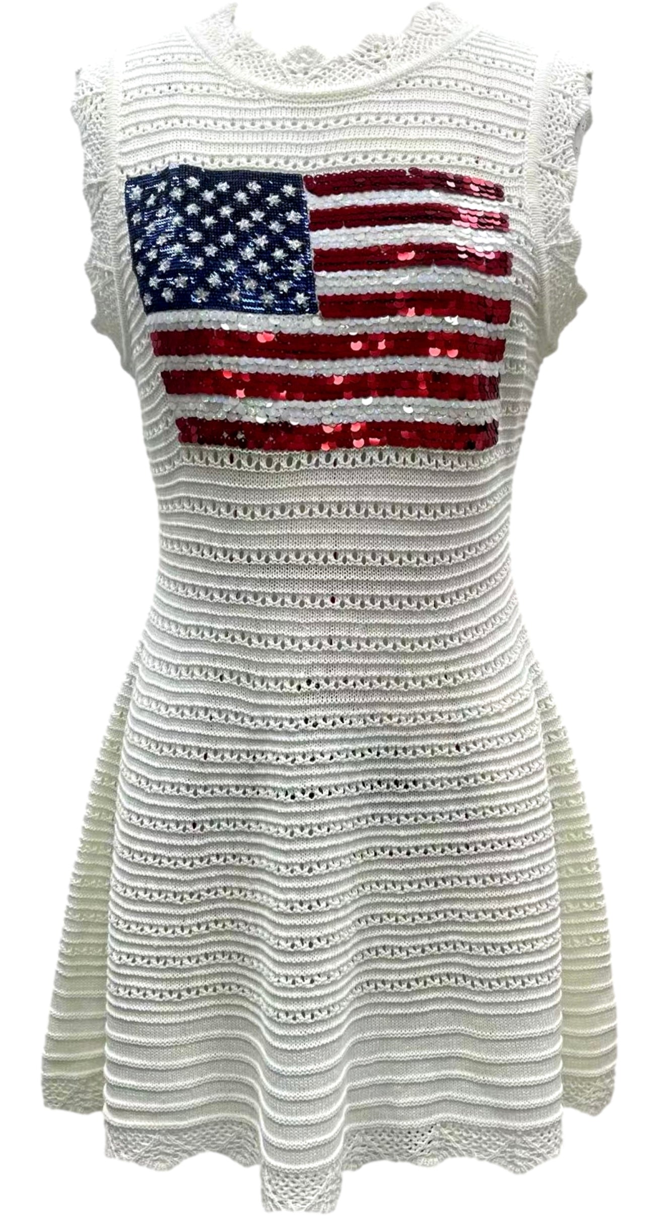 QUEEN OF SPARKLES Sequin AMERICAN FLAG LaceKnit Dress – Silver Accents QUEEN OF SPARKLES Sequin AMERICAN FLAG LaceKnit Dress – Silver Accents