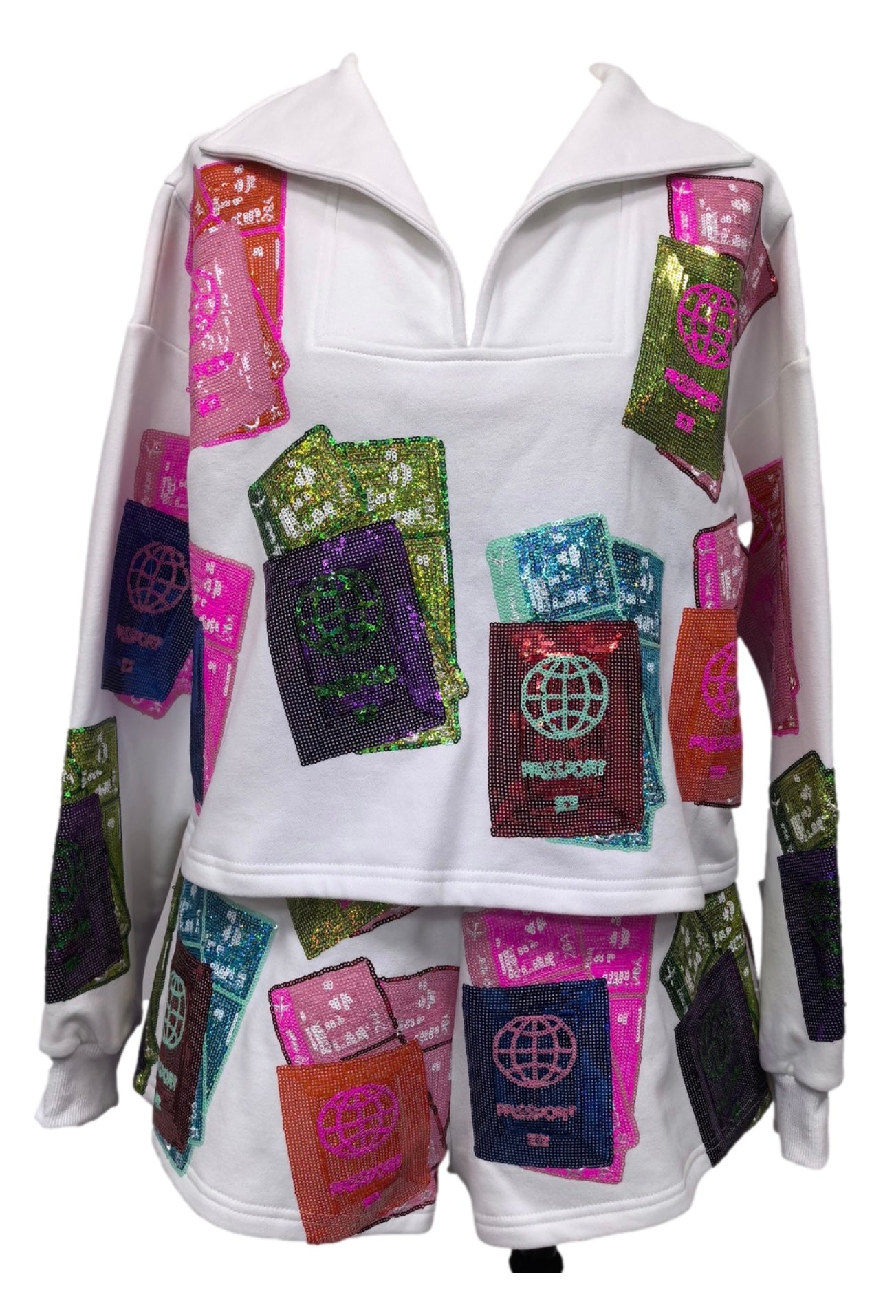 QUEEN OF SPARKLES Sequin PASSPORT Collar Sweatshirt