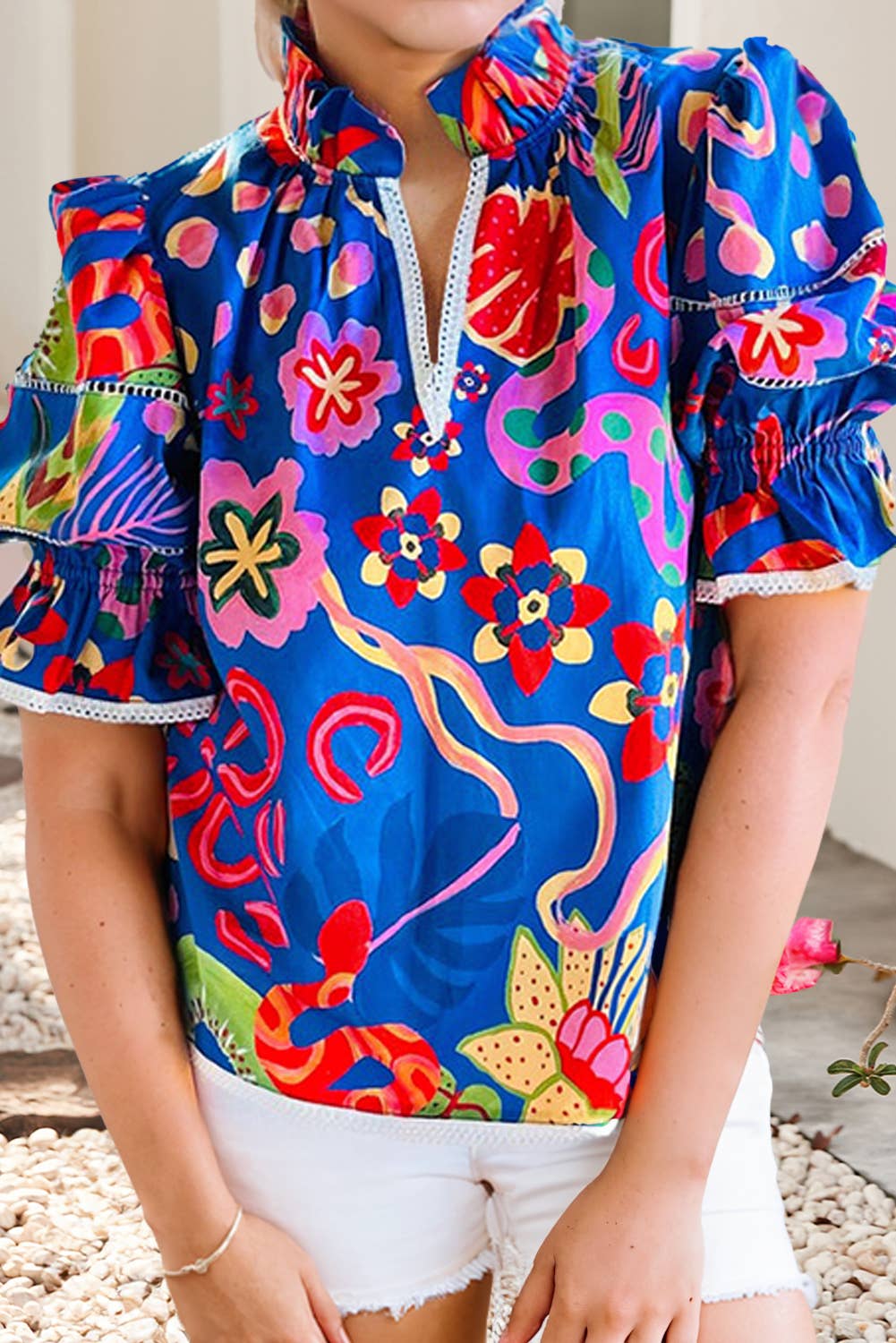 BLAST Frill V-neck Abstract Print Top