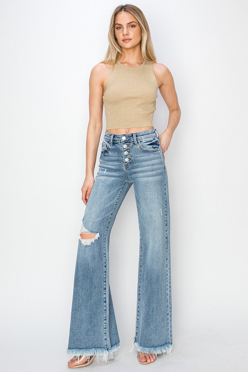 FINLEY MidRise ButtonDown Wideleg FrayHem Jean