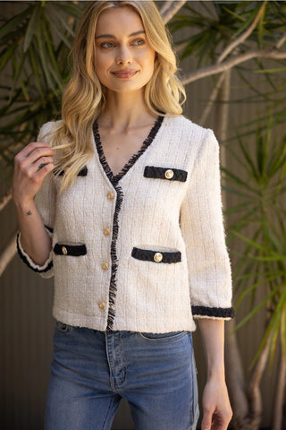 EMILY Contrast Braid Gold Button Tweed Jacket