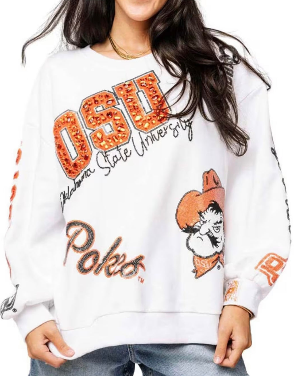 QUEEN OF SPARKLES Licensed OKLAHOMA STATE Big Icons Scattered AllOver SweatShirt