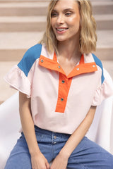 TRAEGER ColorBlock FrenchTerry Ruffle Knit Top