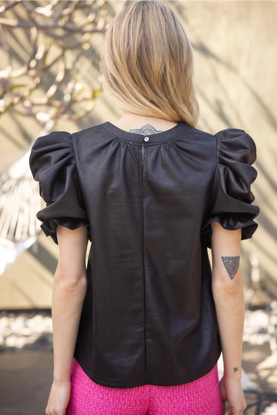 EXERT VeganLeather Ruched Sleeve Top