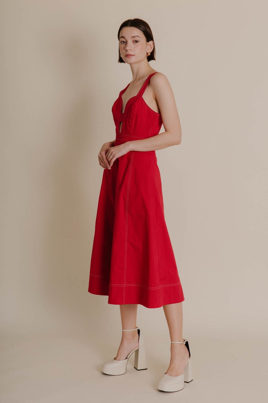 AUREUM Contrast Stitch RIVAL Plunge Midi Dress
