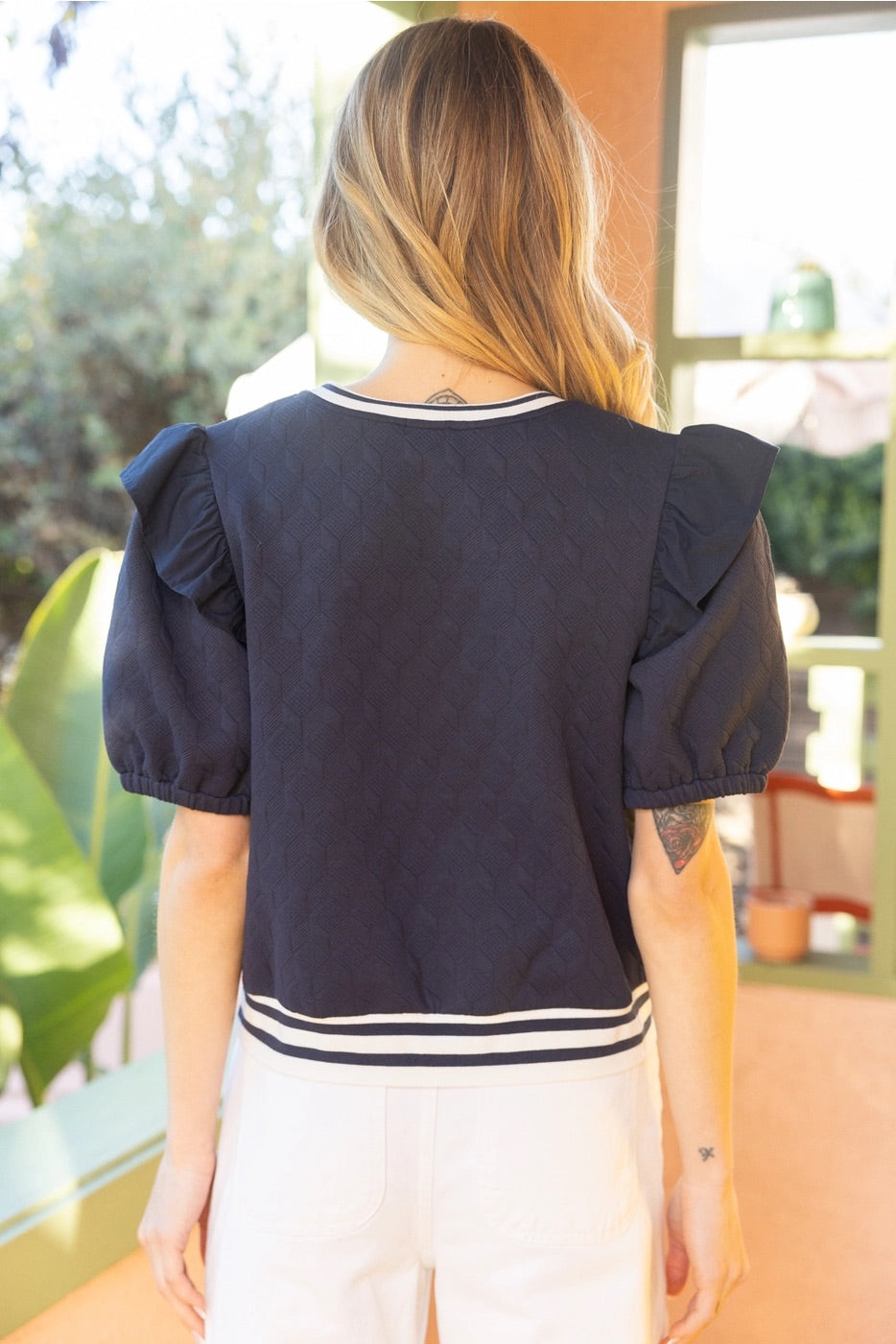 POMANDER Striped Trim Ruffle Sleeve Textured Top