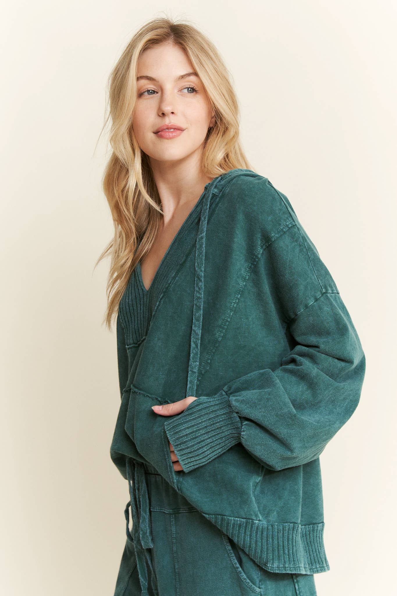 OATH MineralWash Vneck Hoodie Sweatshirt with Thumbholes Top