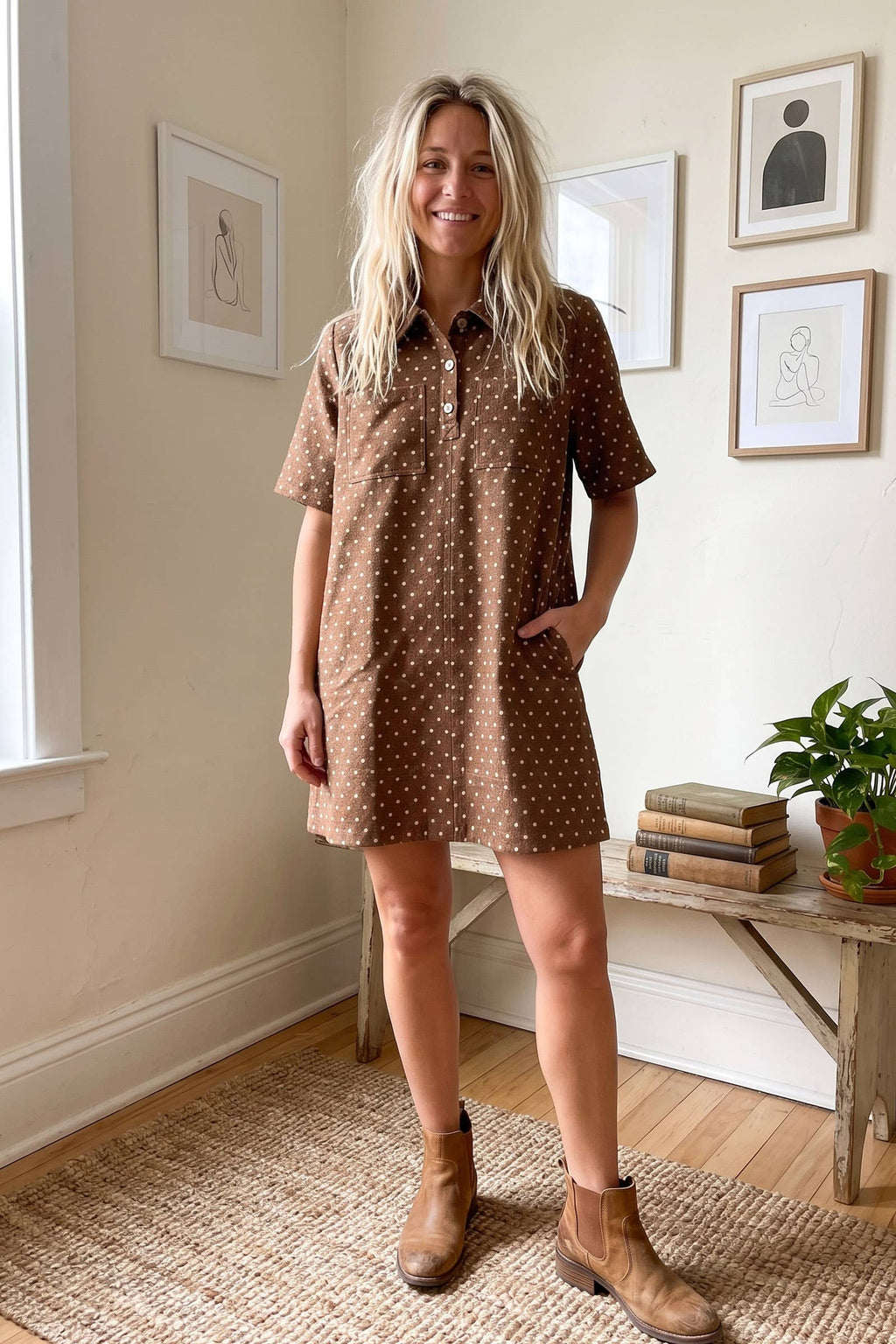 Polka Dot Denim Shirt Dress: BROWN / M