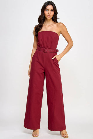 RP125 SOLID STRAPLESS BELTED PALAZZO LEGS JUMPSUIT: WINE / Contemporary / S