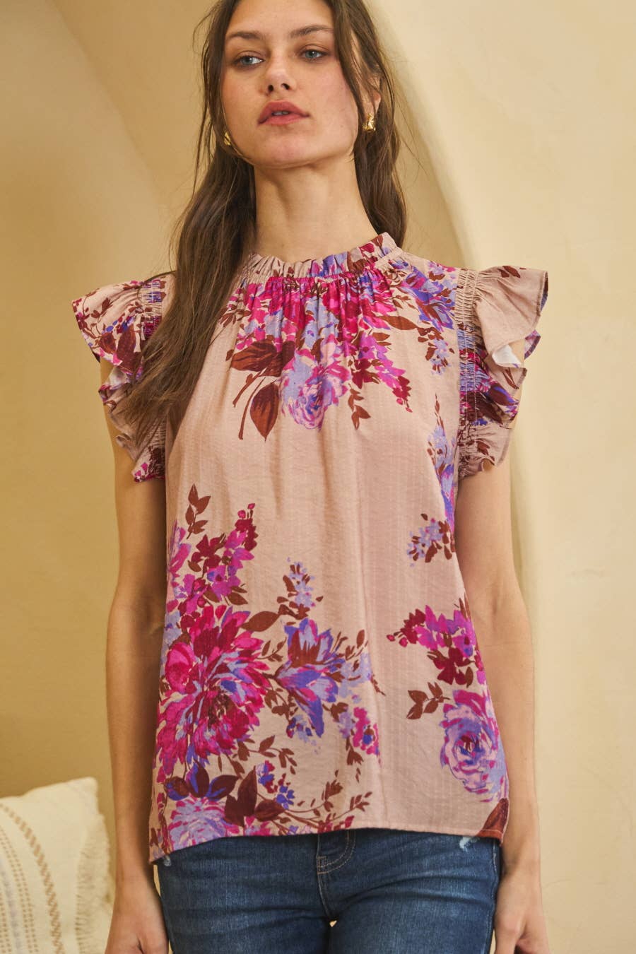 MILEY Floral RuffleNeck FlutterSleeve Top