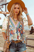 PHASE Boho Floral Embroidered Half Sleeve Floral Top