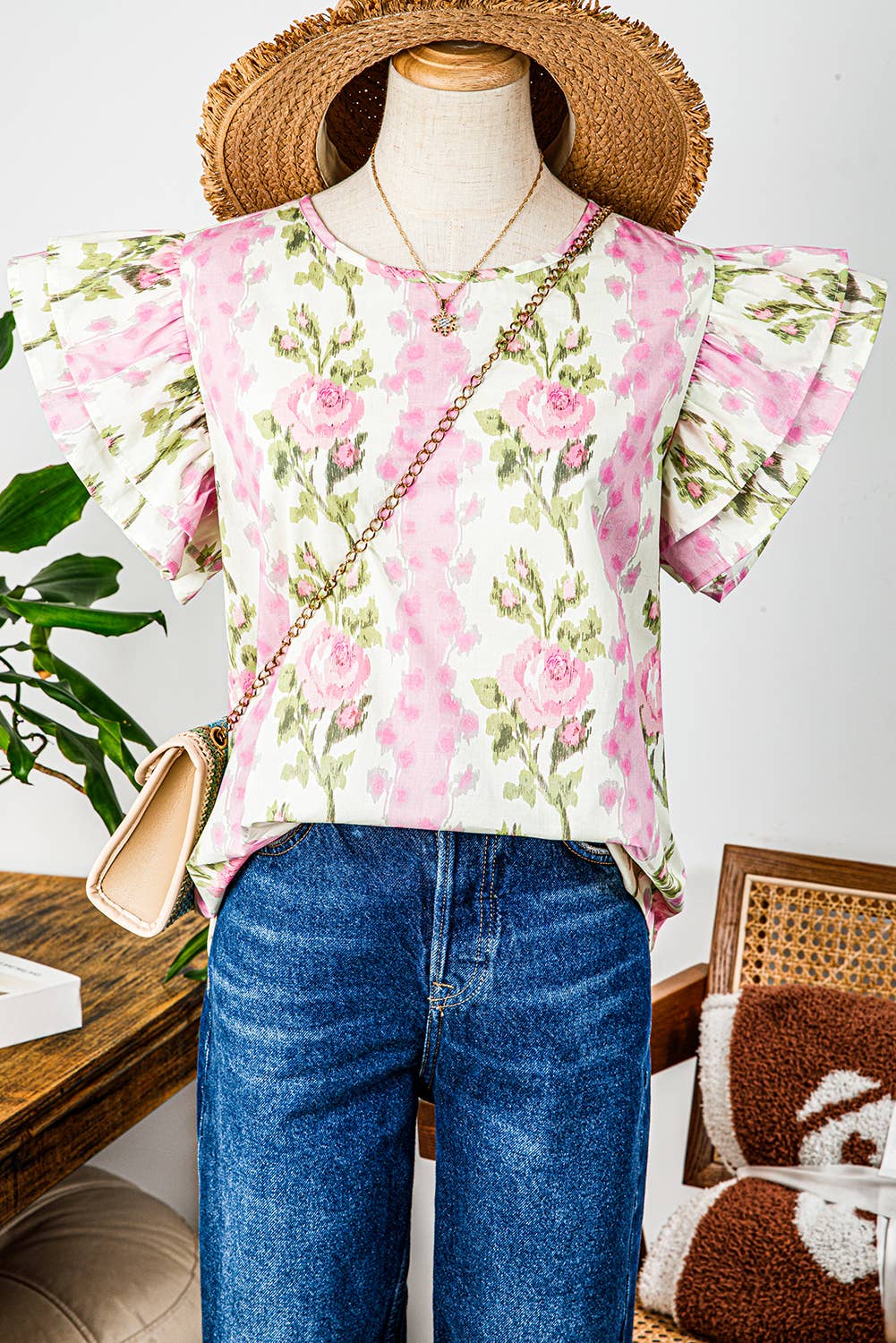 WARD Floral/Stripe RuffleSleeve Top