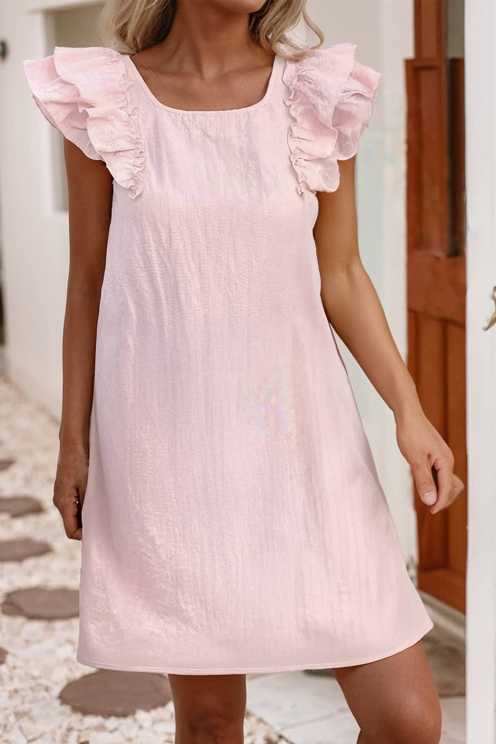 TACT Textured BowBack SquareNeck FlutterSleeve Dress