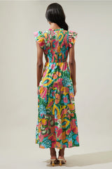 TROPICAL SUNFIRE Floral Smocked Bodice Tiered Midi Dress