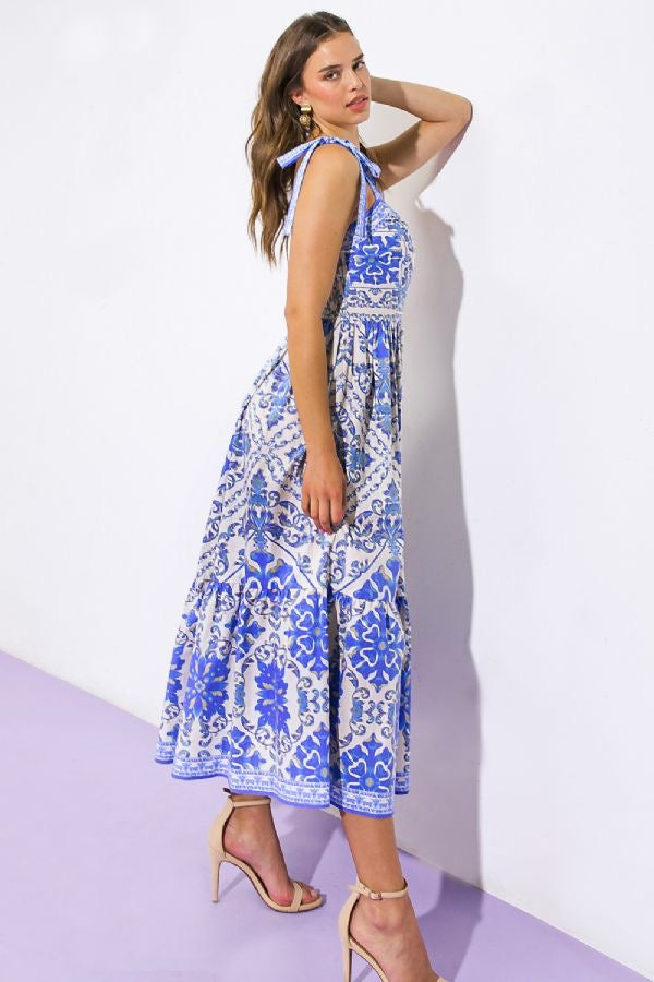 DYNASTY BorderPrint TieShoulder Woven Midi Dress