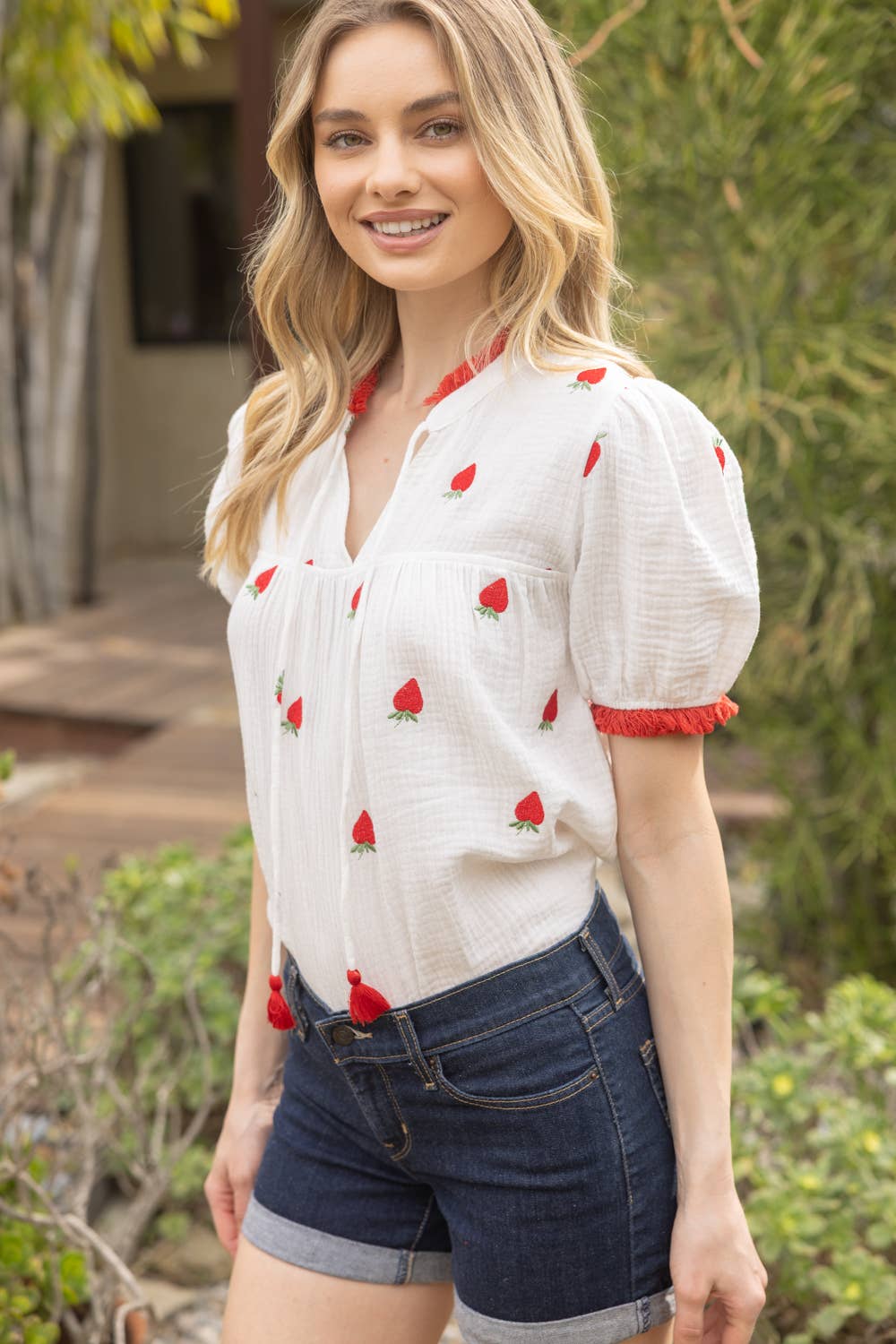 NORA Strawberry Embroidery Gauze Top