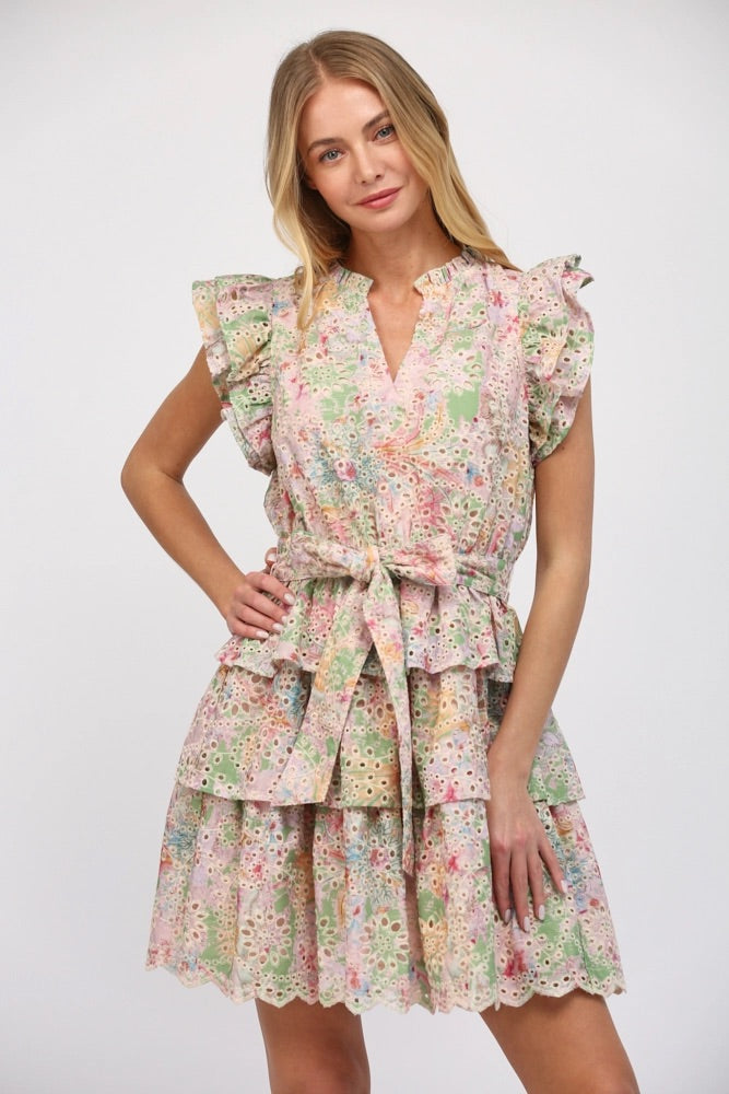 PEGASUS Floral Eyelet Lace Tiered TieWaist Dress