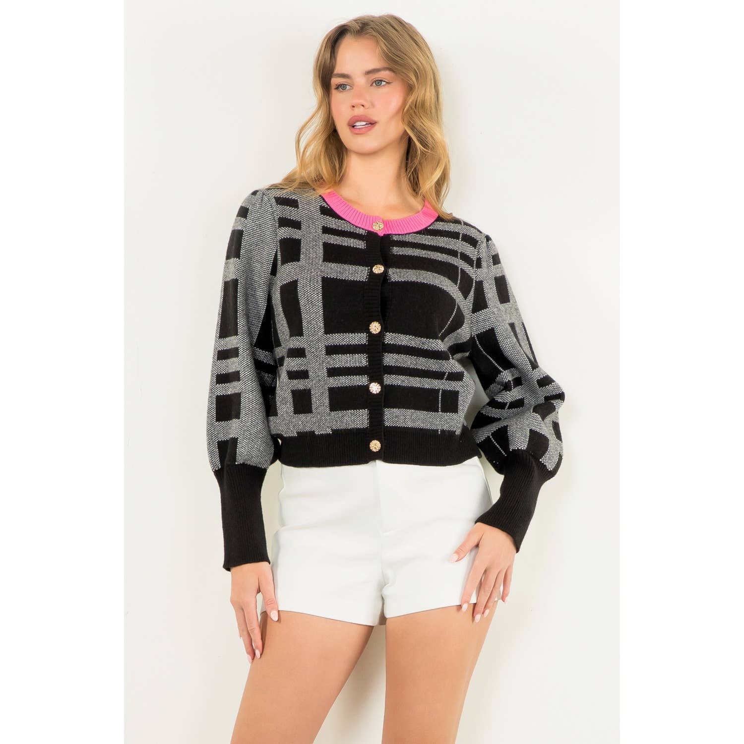 ISABELLA Knit Plaid Contrast Color Cardigan Top
