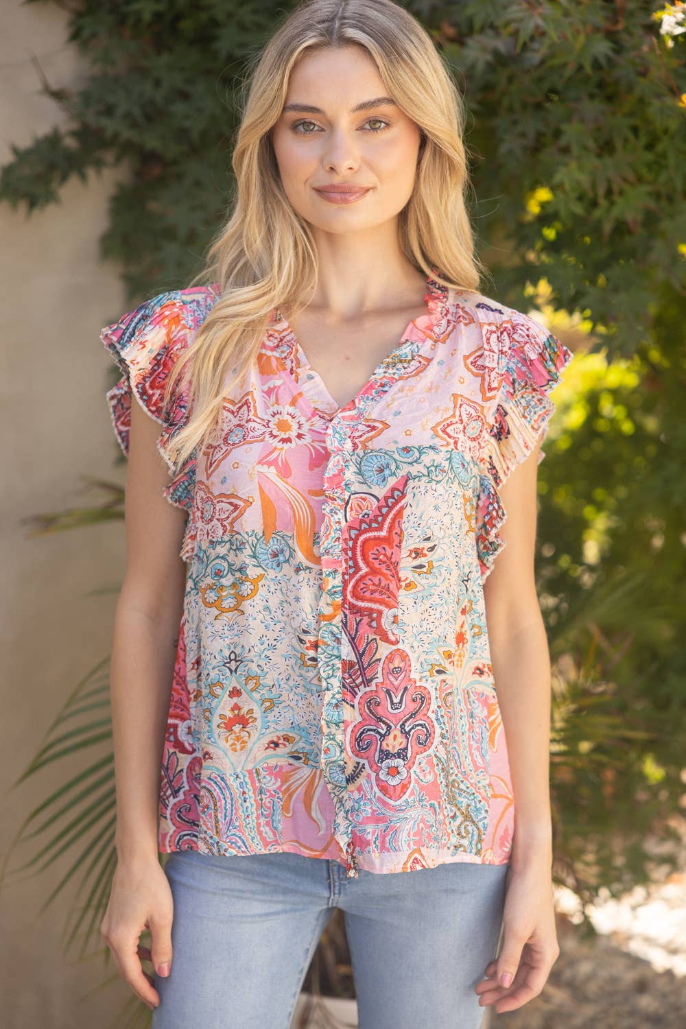 UNRAVEL PleatSleeve Paisley Button Down Top