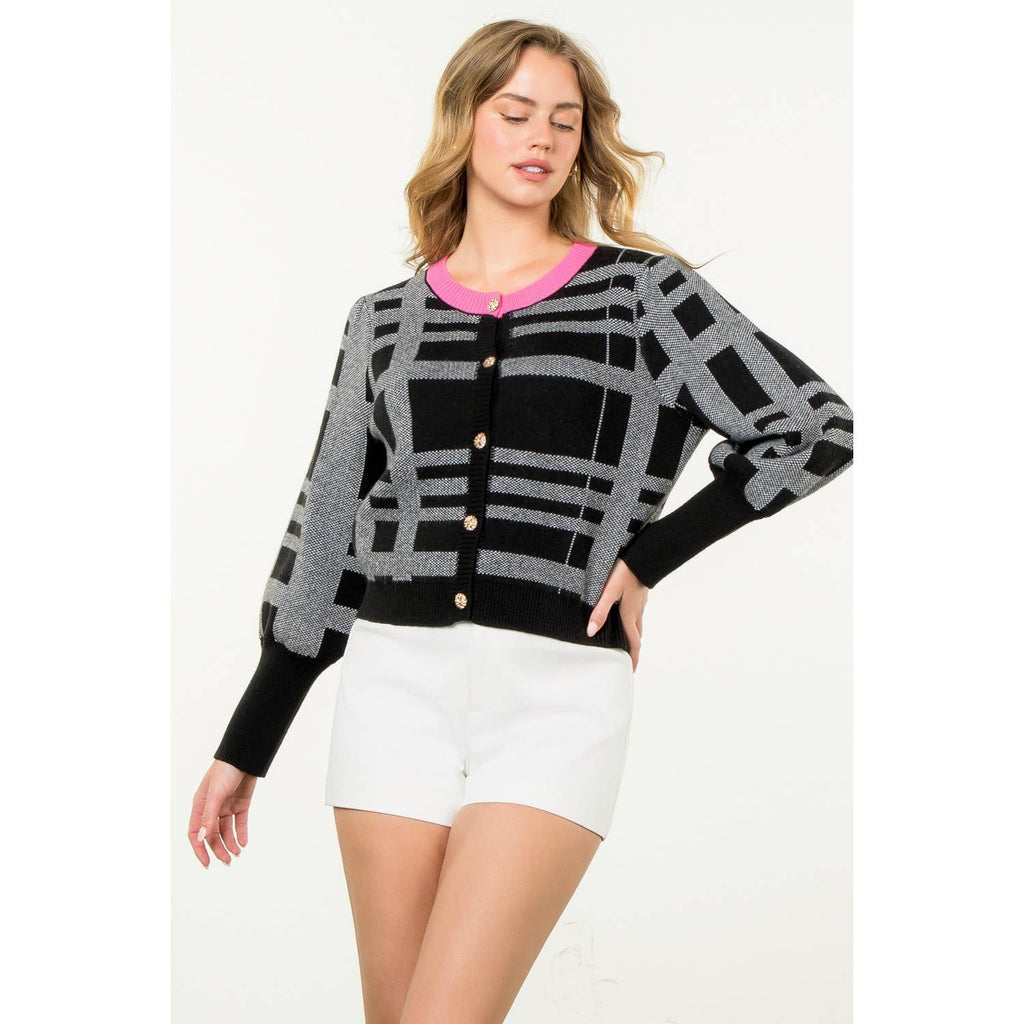 ISABELLA Knit Plaid Contrast Color Cardigan Top