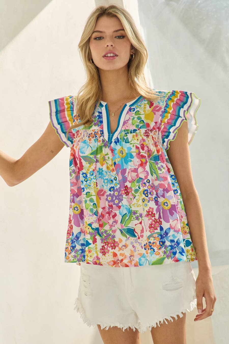 SPRING BLOOM Floral Border RffleSlv Top