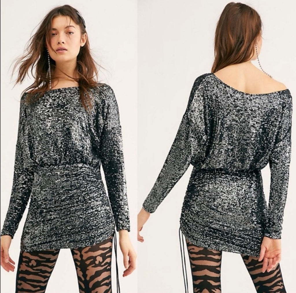 FREE PEOPLE Sequin GISELLE Drawstring RoucheHem Mini Dress