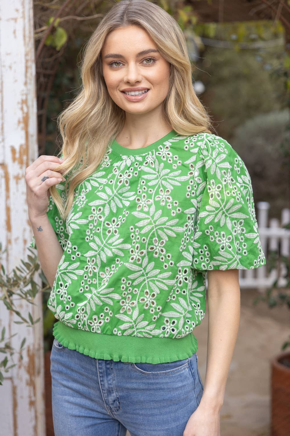SAMBA Embroidered Eyelet BubbleSleeve Top