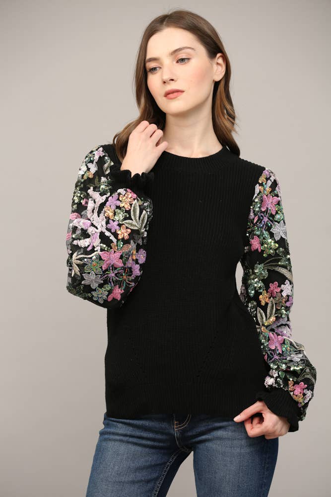 COLLINS Contrast SequinSleeve CrewNeck Sweater Top Jo Jo