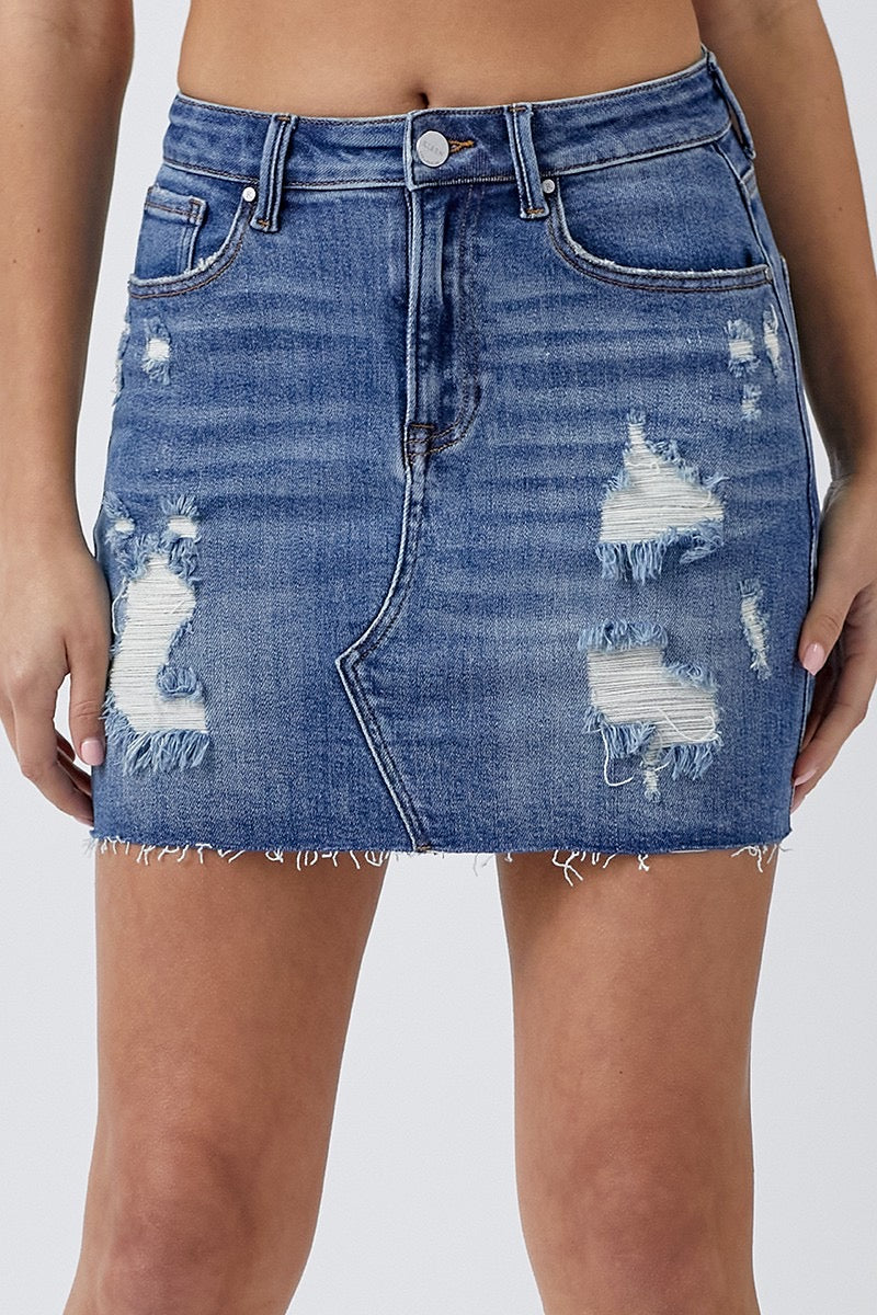 SCORE Distressed Denim Mini Skirt