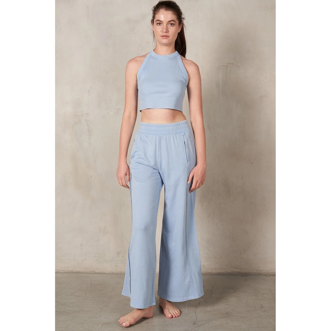 RISEN 2-Piece HalterNeck RibMix WideLeg Pant Set