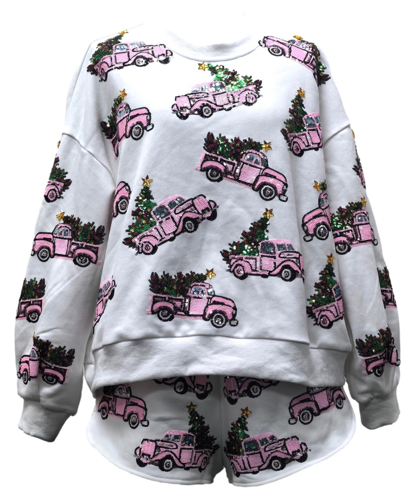 QUEEN OF SPARKLES Sequin TRUCKS WITH/ CHRISTMAS TREES Sweatshirt