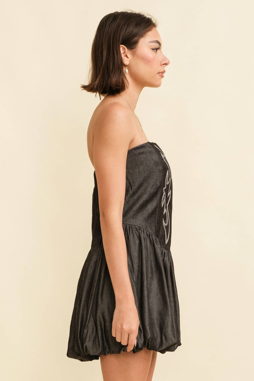 CASS Embroidered Bust BubbleHem Denim Dress